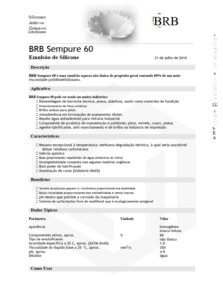 Emulsão de Silicone BRB Sempure 60 | PDF | Materiais