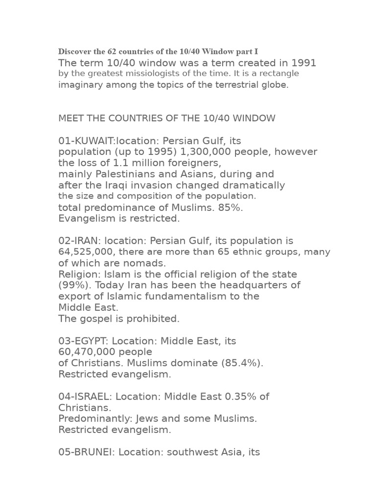10/40 Window Countries Overview | PDF | Asia | Middle East