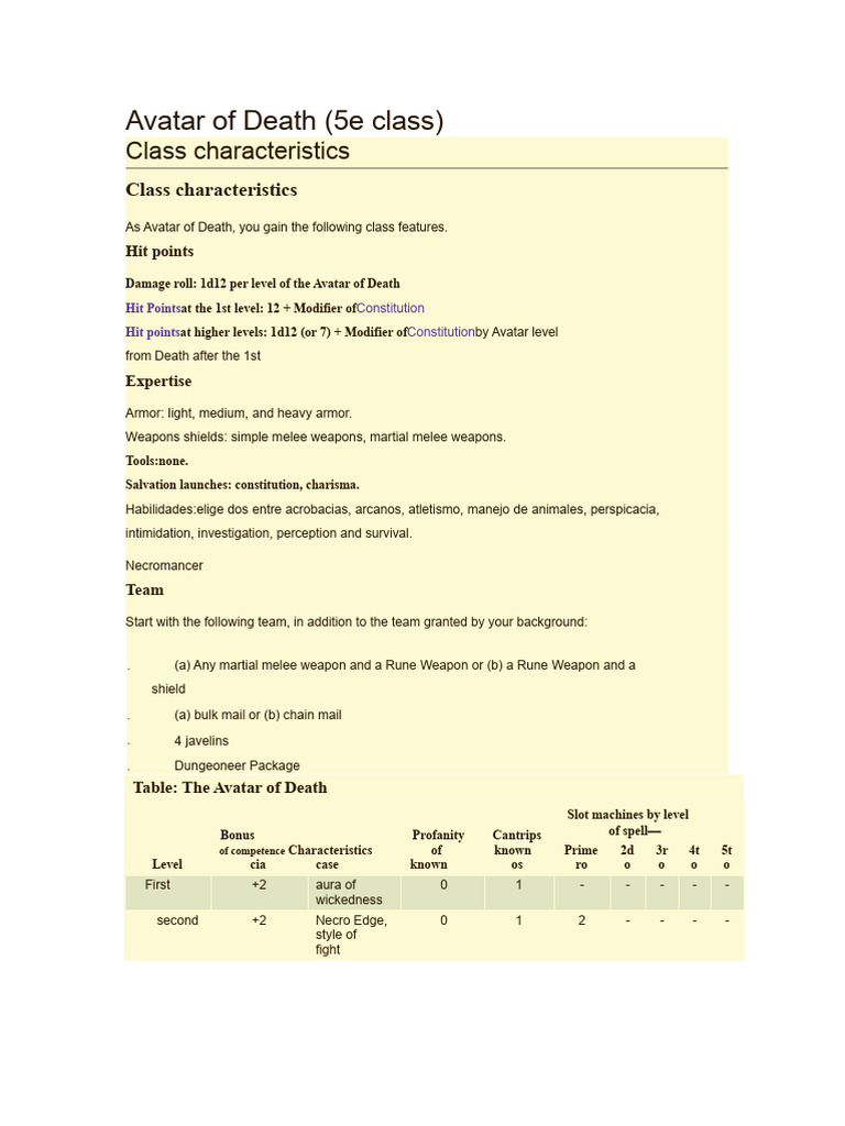 Avatar of Death Class Features 5e | PDF