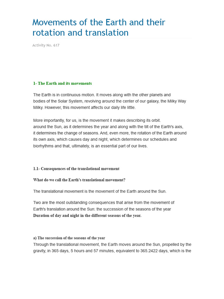 Movements of The Earth and Their Consequences | PDF | Earth | Apsis