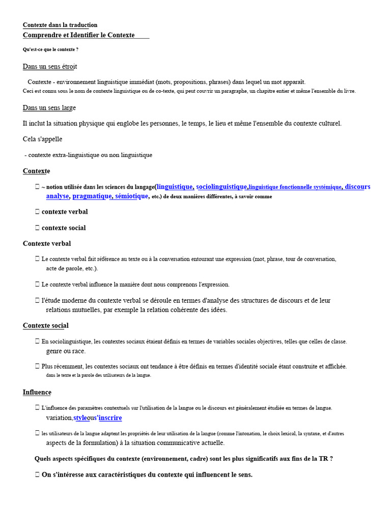 Contexte linguistique en traduction | PDF | Linguistique | Discours ...
