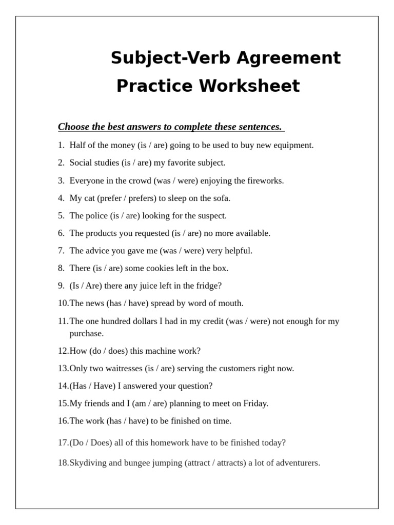 Subject-Verb Agreement Practice Worksheet | PDF
