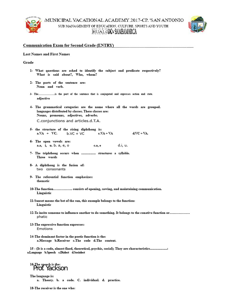 Exam For Communication 2 Second | PDF