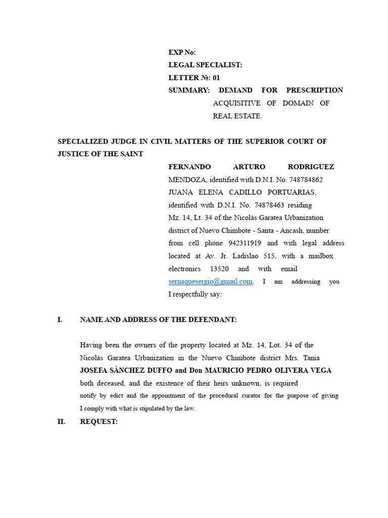 Demand for Acquisitive Prescription of Property | PDF | Justice | Crime ...