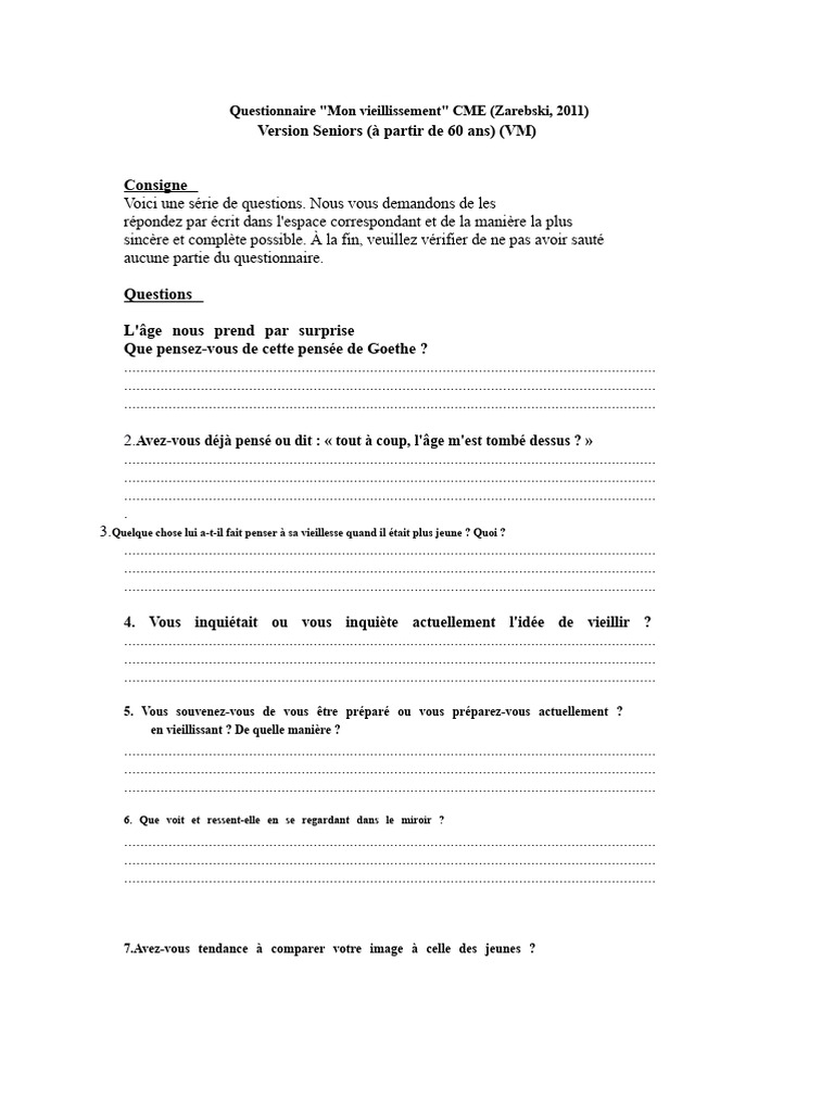 Questionnaire sur le vieillissement des seniors | PDF | Vieillissement