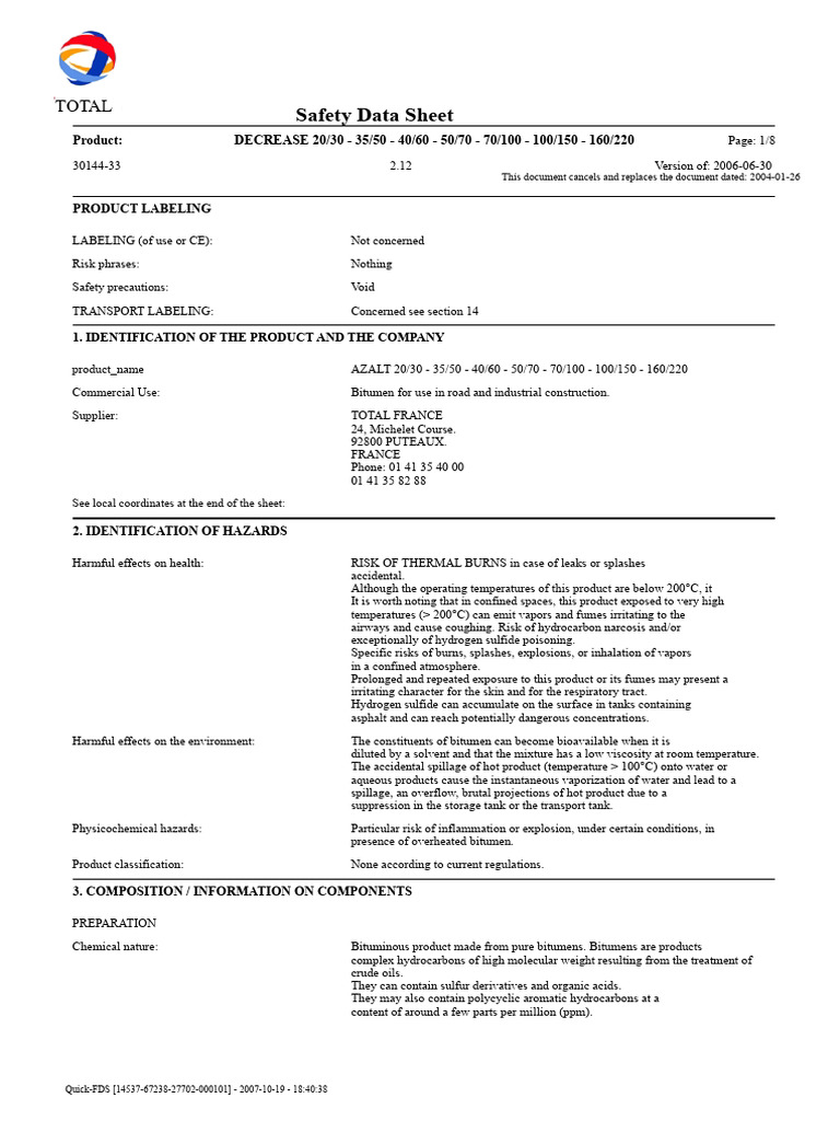 Safety Data Sheet for AZALT Bitumen | PDF | Water | Particulates