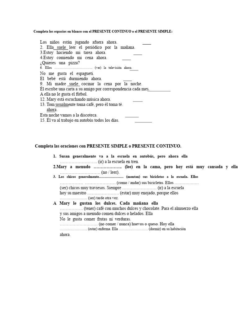 Ejercicios de Presente Simple y Continuo | PDF