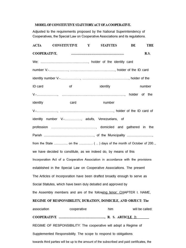 Cooperative Statutory Act Model | PDF | Cooperative | Identity Document