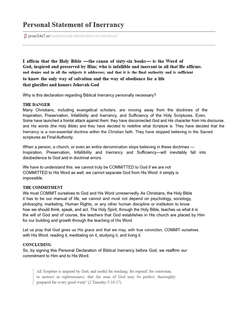 Personal Declaration of Inerrancy | PDF | Biblical Inerrancy ...