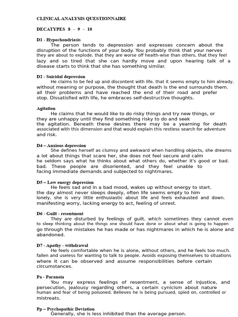 Clinical Analysis Questionnaire Overview | PDF | Major Depressive ...
