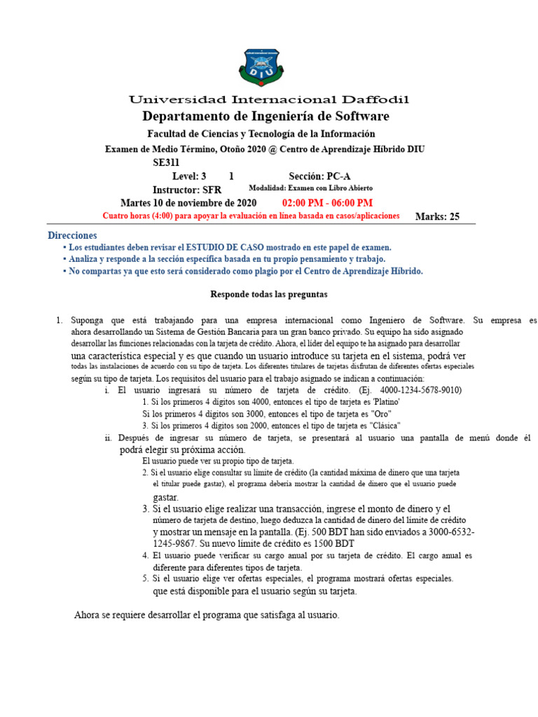 Examen de Ingeniería de Software SE311 | PDF | Software | Ingeniería de ...