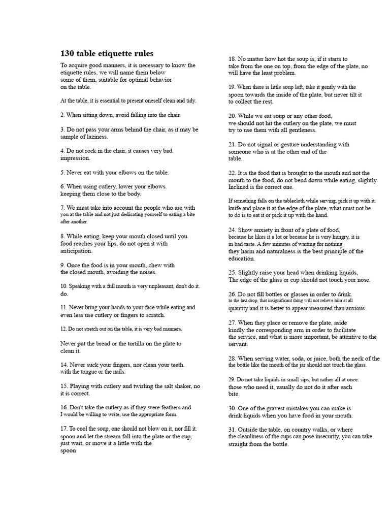 130 Table Etiquette Rules | PDF | Etiquette | Foods