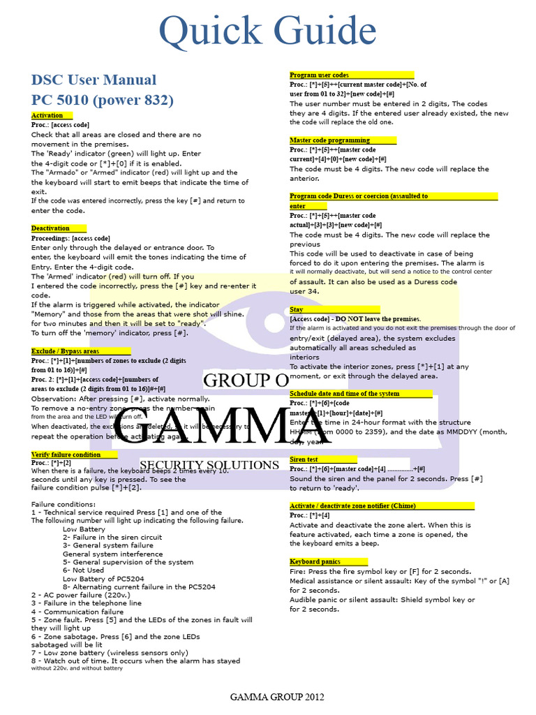 DSC PC5010 Programming Guide | PDF