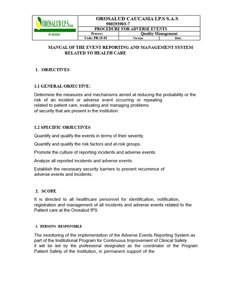 PR-15-02 Procedure For Adverse Events | PDF | Patient Safety | Safety