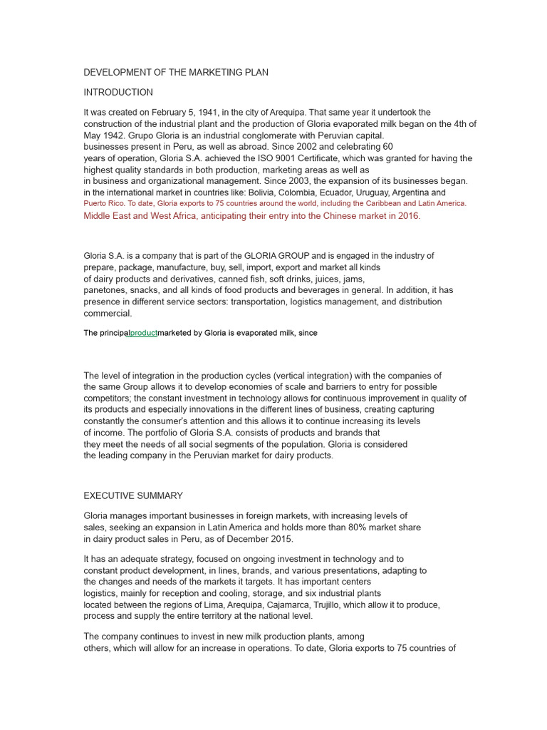 Gloria S.A. Marketing Plan Overview | PDF | Milk | Market Segmentation