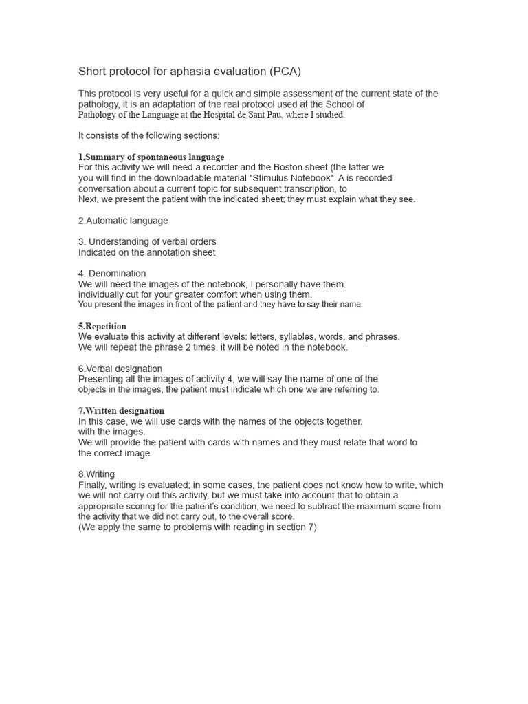 Short Protocol For Aphasia Assessment (PCA) | PDF