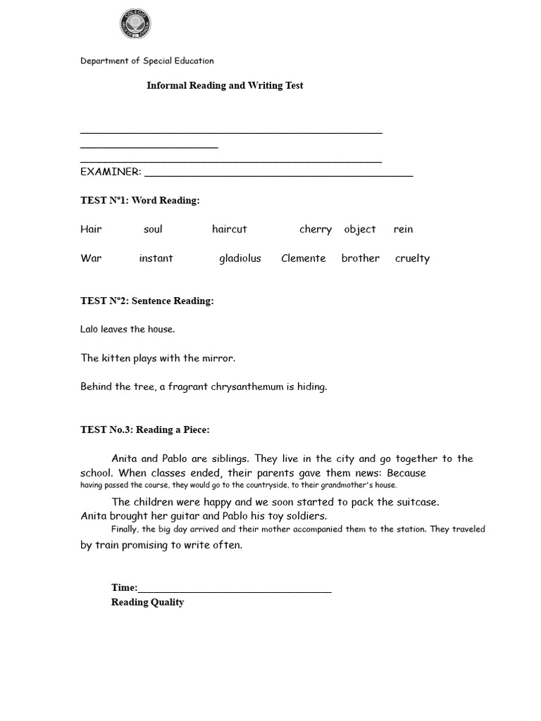 Informal Reading and Writing Test | PDF