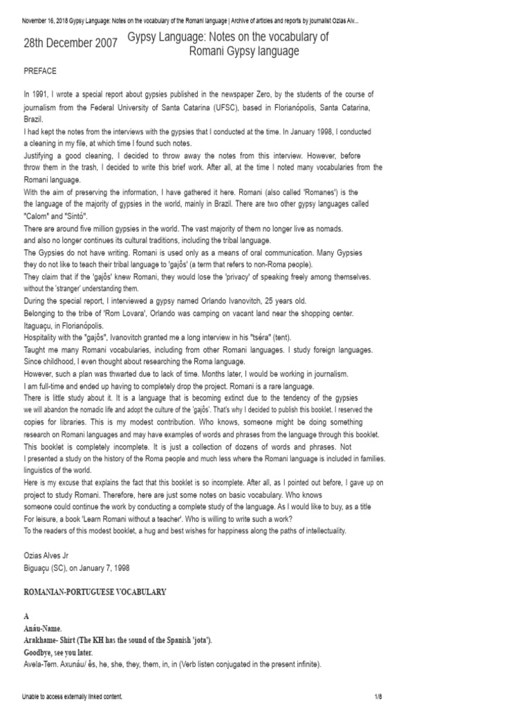 Romani Language Notes On The Vocabulary of The Romani Language | PDF ...