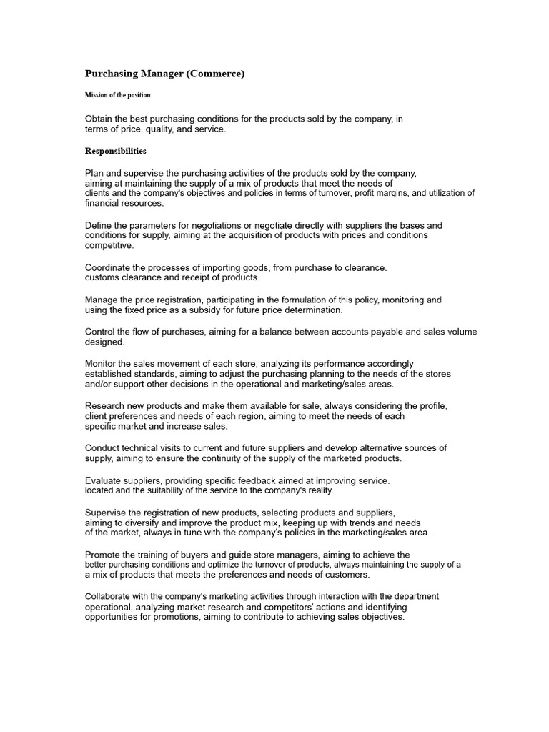 FQ 43 - Job Description Purchasing Manager | PDF | Supply Chain | Marketing
