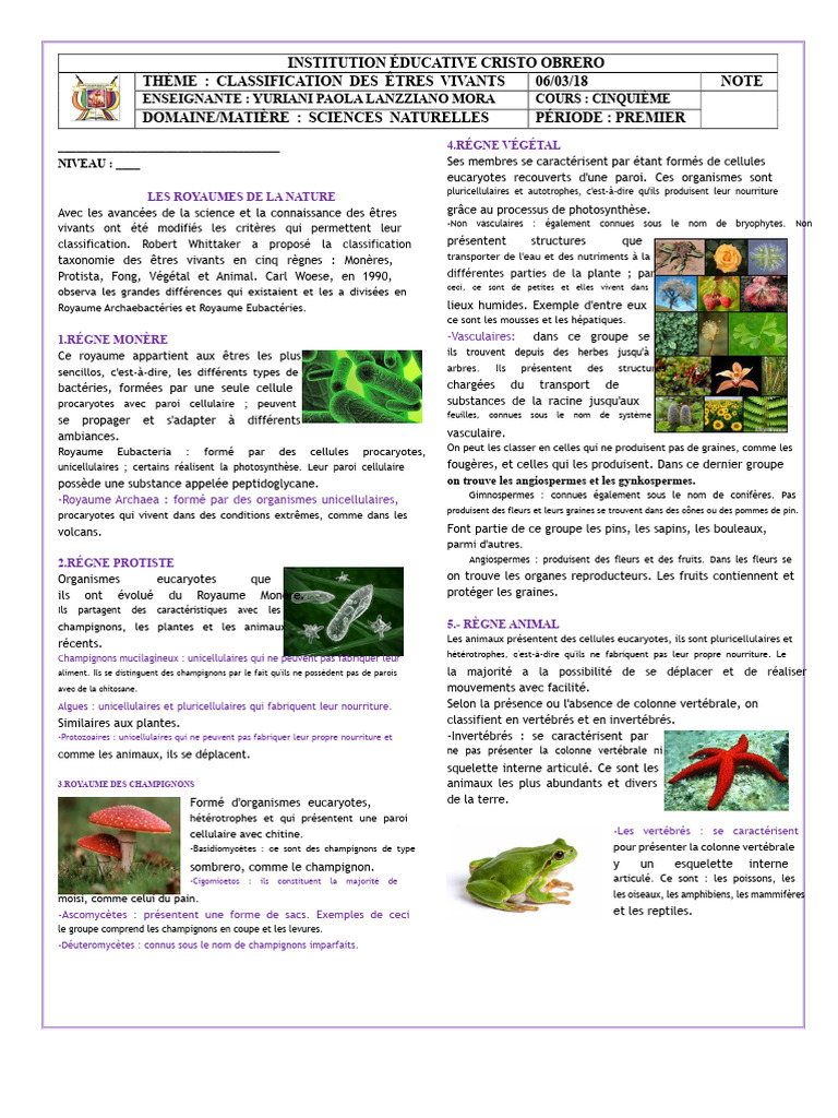 Classification des êtres vivants en 5 règnes | PDF | Cellule (Biologie ...