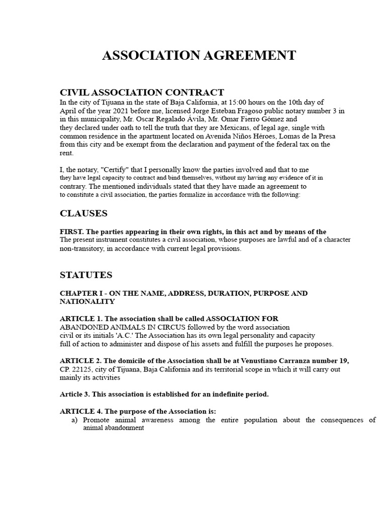 Civil Association Agreement for Animal Welfare | PDF | Board Of ...