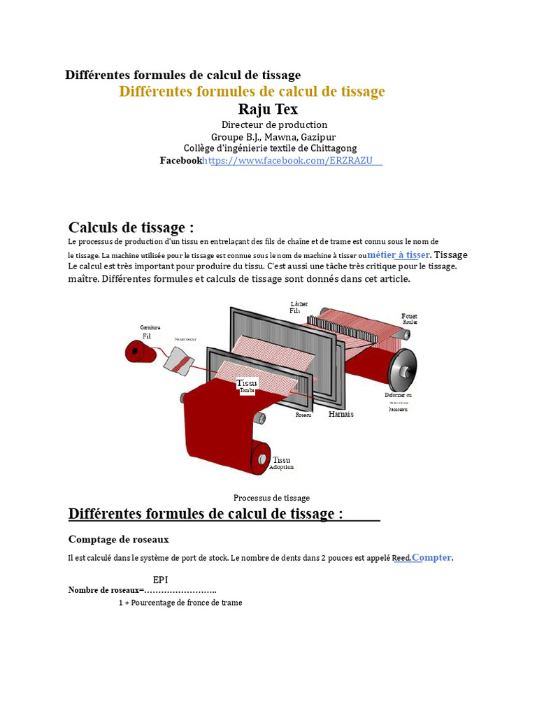 Formules de calcul pour le tissage | PDF | Tissage | Arts textiles
