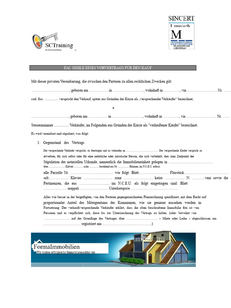Mustervertrag Für Einen Vorvertrag Über Den Kauf Von Immobilien | PDF