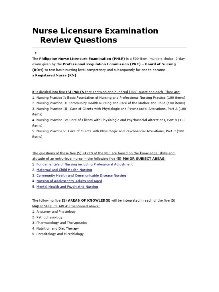 Nurse Licensure Examination Review Questions PDF Nursing Medical