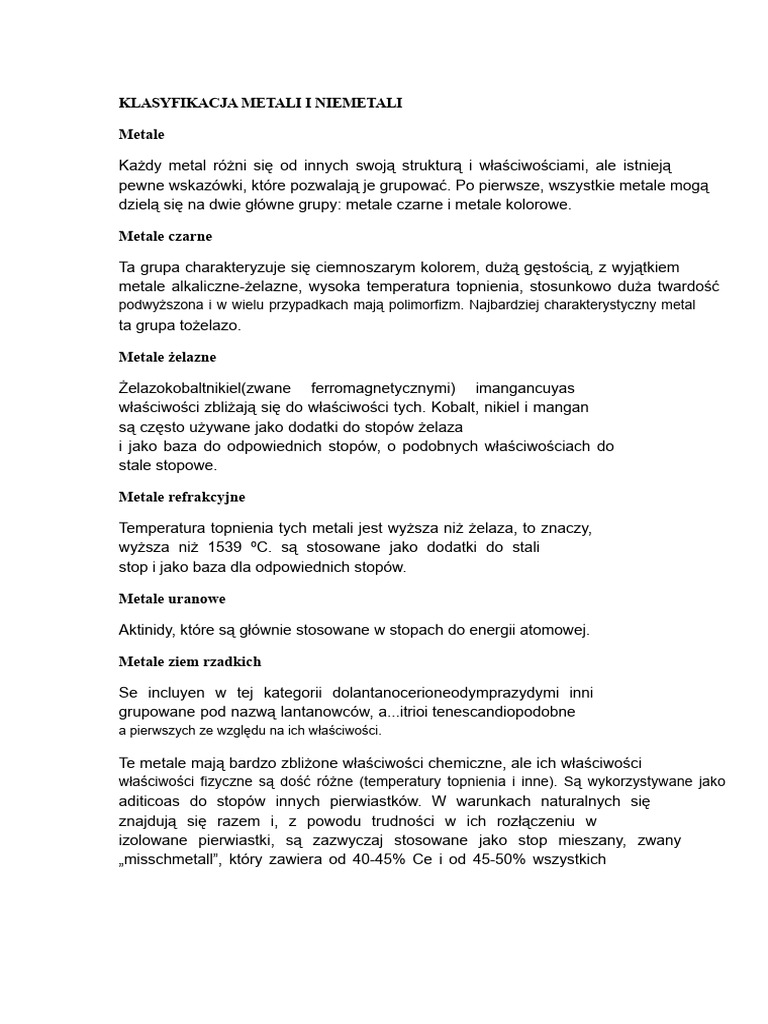 Klasyfikacja Metali I Niemetali | PDF