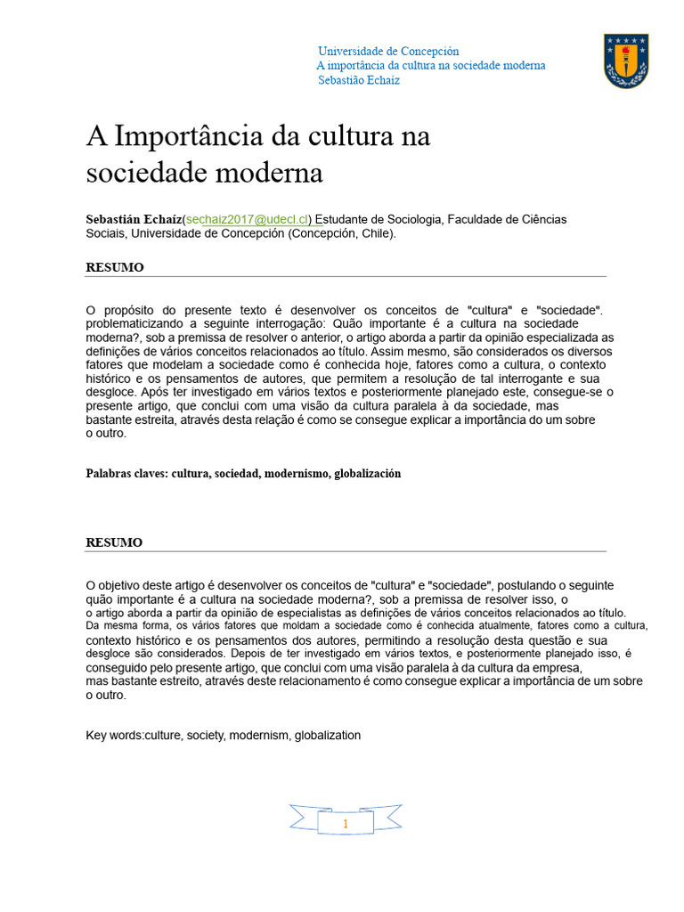 A Importância Da Cultura Na Sociedade Moderna | PDF | Sociologia ...