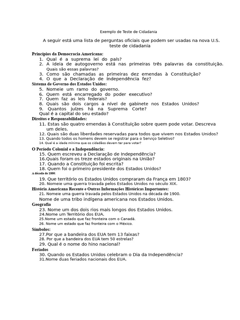 Perguntas do Teste de Cidadania dos EUA | PDF
