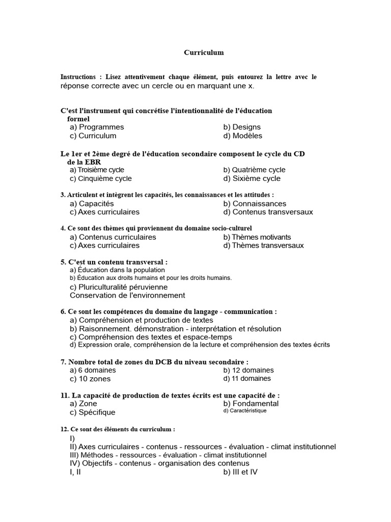 Quiz sur le Curriculum Éducatif | PDF | Pédagogie | Apprentissage
