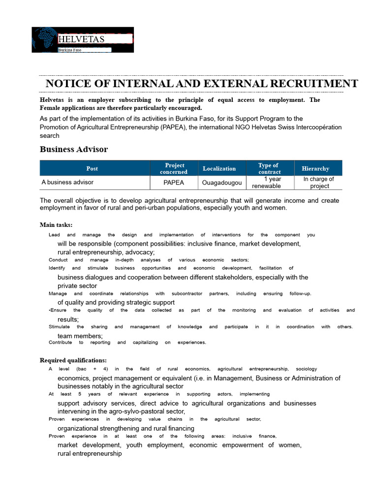 Notice of Internal and External Recruitment For A Business Manager ...