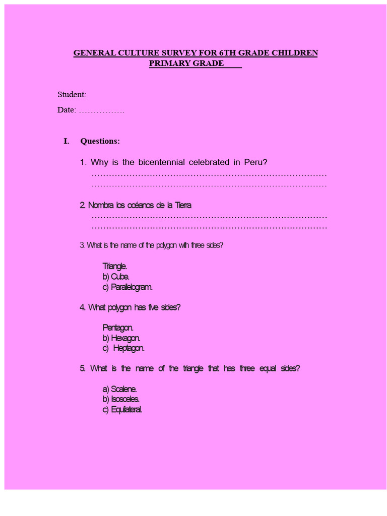 General Knowledge Survey For 6th Grade Elementary School Students | PDF