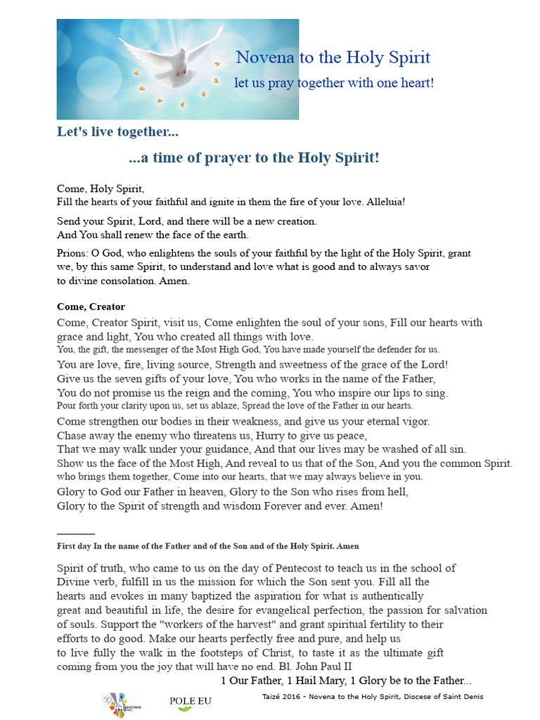 Novena Prayer to the Holy Spirit | PDF | Holy Spirit | Glory (Religion)