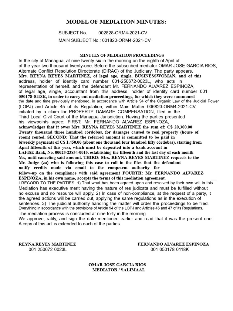 MINUTES OF MEDIATION DAMAGES TO PROPERTY Work 1 | PDF | Mediation ...