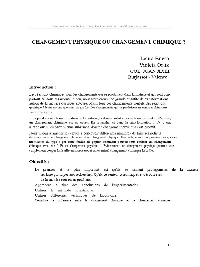 Différences entre changements chimiques et physiques | PDF | Chimie ...