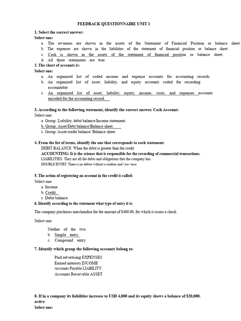 Accounting Feedback Questionnaire Unit 1 | PDF | Debits And Credits ...