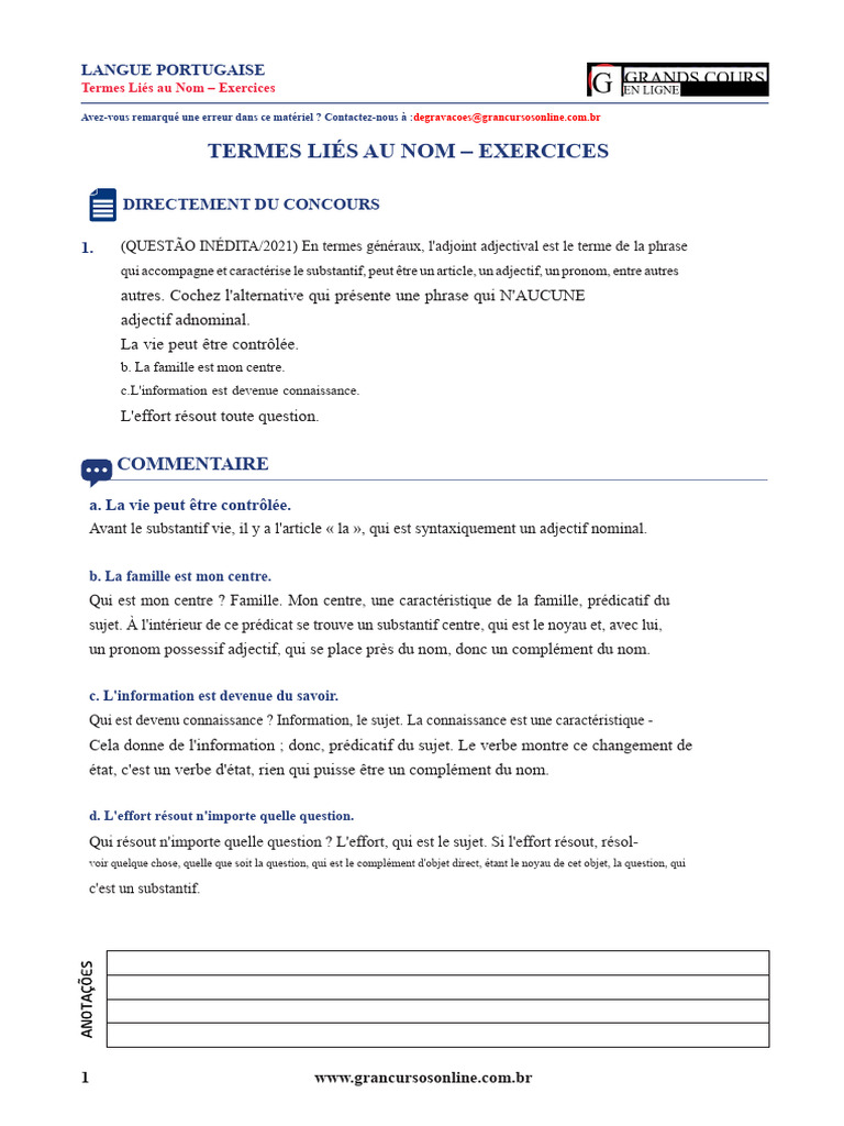 Exercices sur les Termes Liés au Nom | PDF | Sujet (Grammaire) | Nom ...