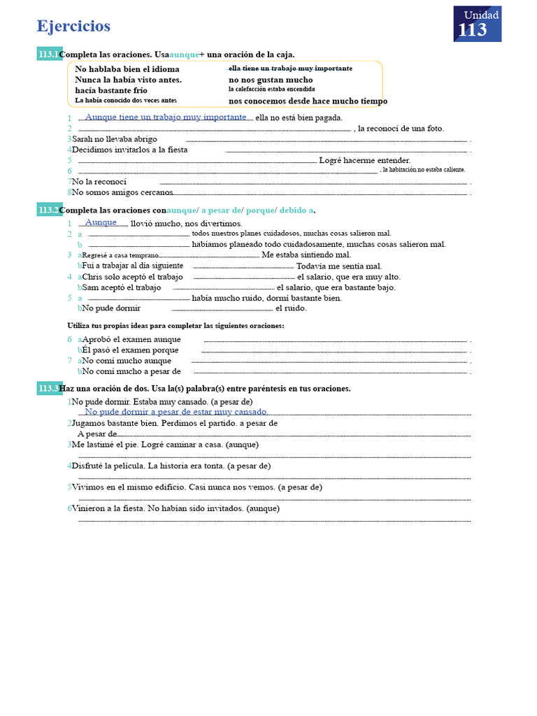 Aunque, A Pesar De, A Pesar de Ejercicios | PDF