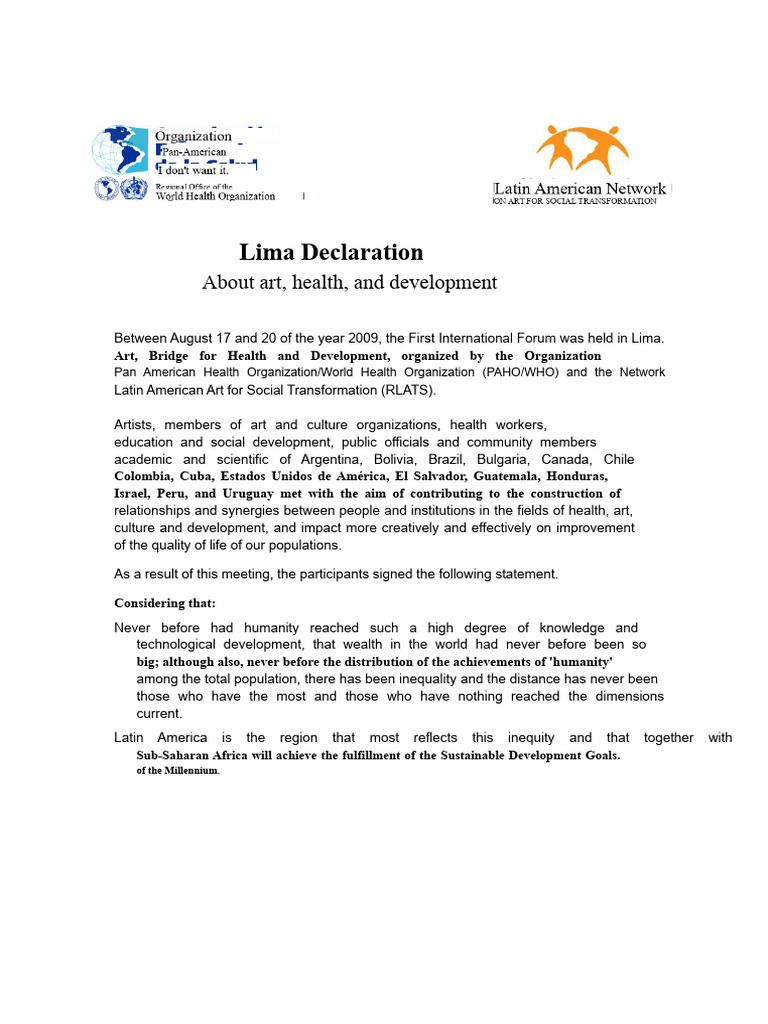 Lima Declaration on Art and Health | PDF | Latin America | Pan American ...