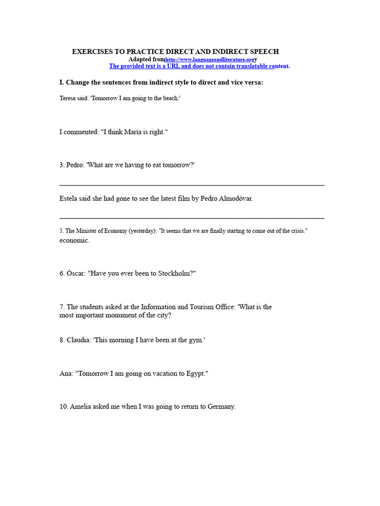 Direct and Indirect Speech Exercises | PDF