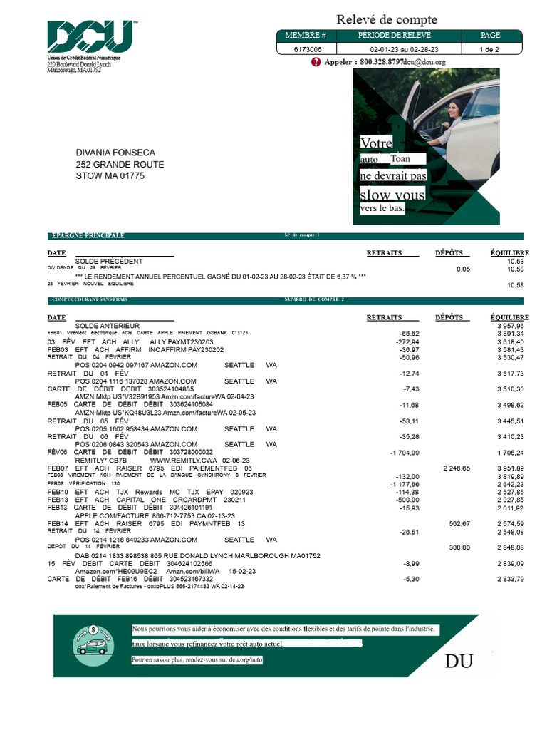 Relevé de compte DCU Février 2023 | PDF | Crédit | Finance et gestion ...