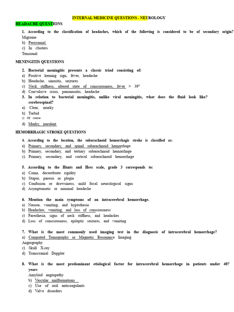 Internal Medicine Neurology Quiz | PDF | Headache | Vascular Diseases