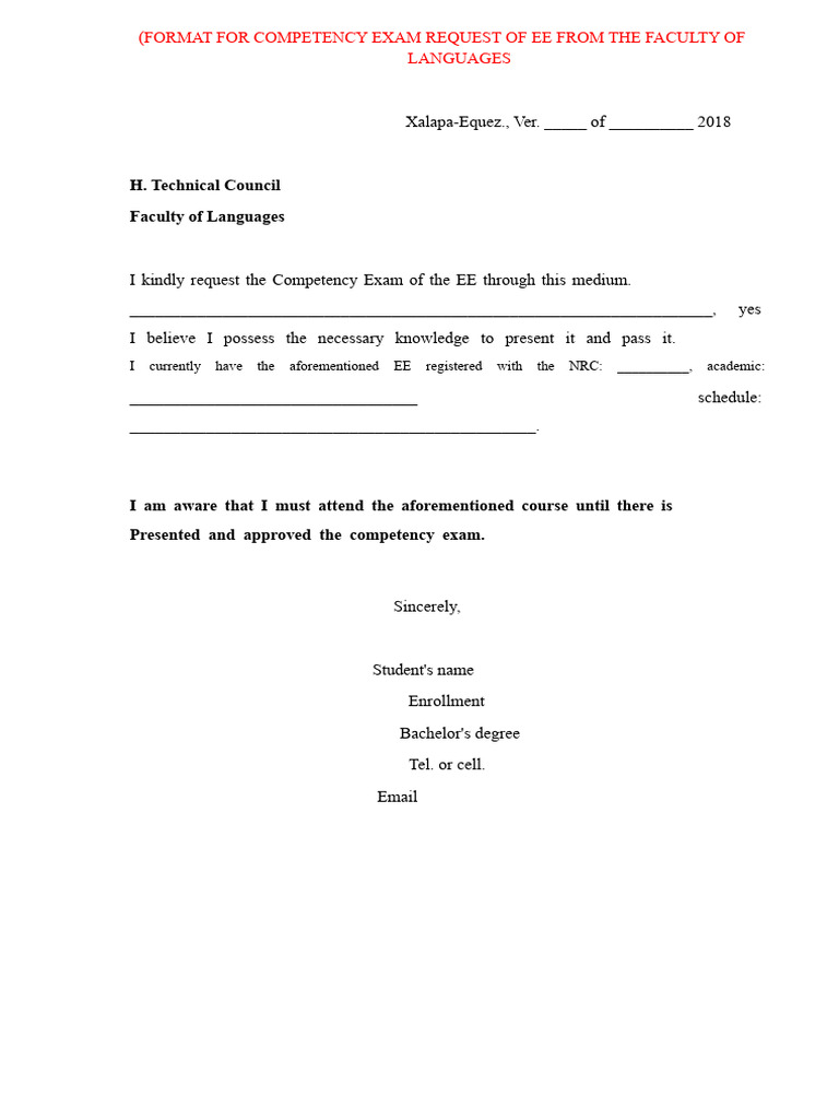 Format For Requesting Competency Exam From The Faculty of Languages | PDF