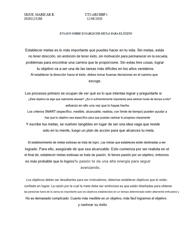 Ensayo Sobre Establecer Metas para El Éxito | PDF
