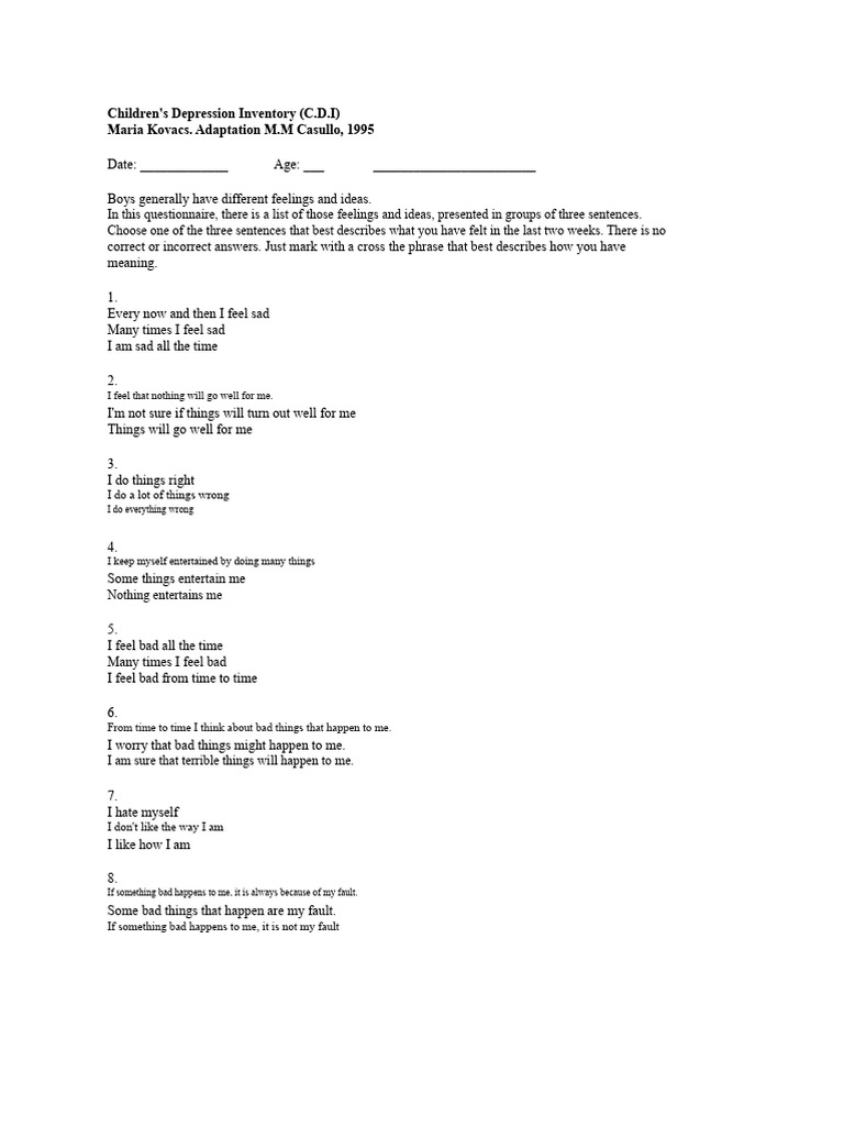 Children's Depression Inventory Questionnaire | PDF