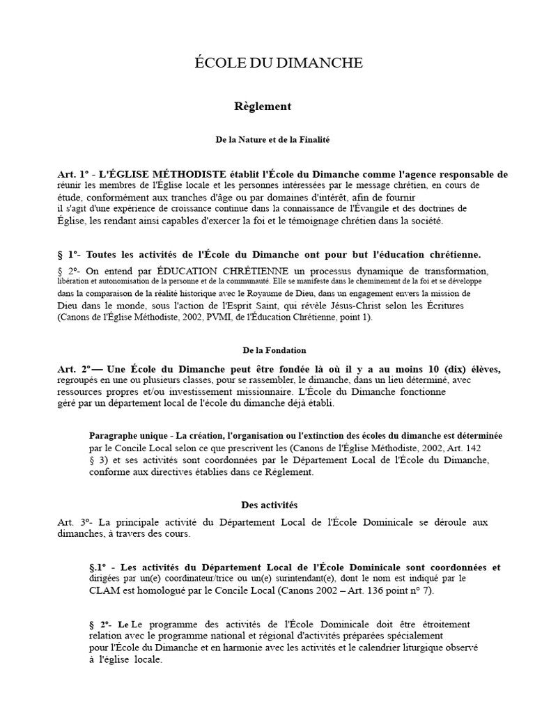 Règlement de l'École du Dimanche Méthodiste | PDF | Église chrétienne ...