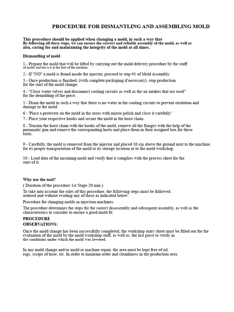 Mold Change Procedure for Injection Machines | PDF | Mechanical Engineering