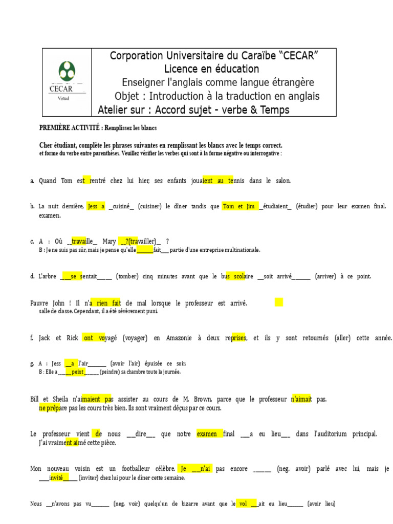 Atelier sur l'accord sujet-verbe en anglais | PDF | Verbe | Phrase